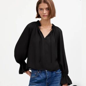 NWT Madewell Long-Sleeve Tie-Neck Top Womans Sz S Black Ruffle Neck Light Weight